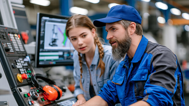 Factory apprenticeship program coordinator pairs young trainee with veteran machinist at a CNC milling station, both studying toolpath simulation on monitor while safety goggles hang ready on the co