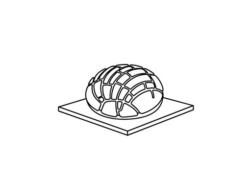 Mexican concha sweet bread pastry line drawing on plate