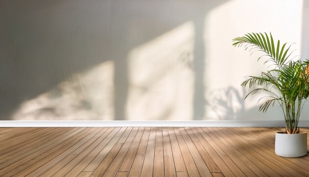 wooden floor and white plaster wall studio room background with cozy sunlight from window and leafs summer shadows parquet floor and white wall interior living room design empty place space room