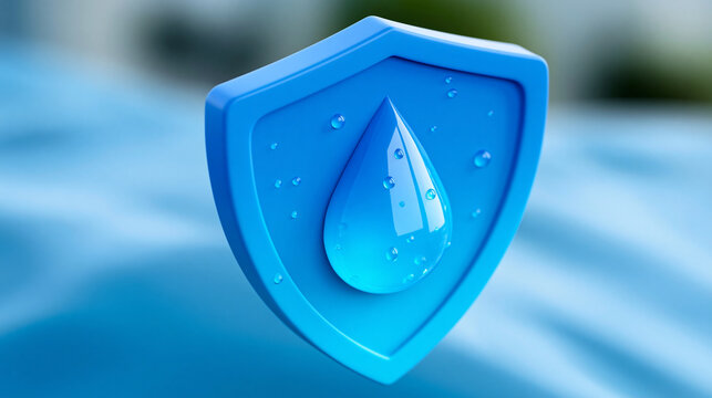 3D shield icon with a water drop symbolizing protection and purity in a blue gradient design, digital security concept, defocused, with copy space