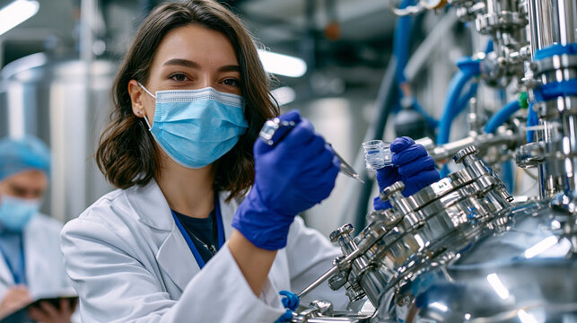 Fermentation facility technician filling small sample cups from a precision culture tank producing dairy alternative proteins, white lab environment with stainless surfaces and a quality control col