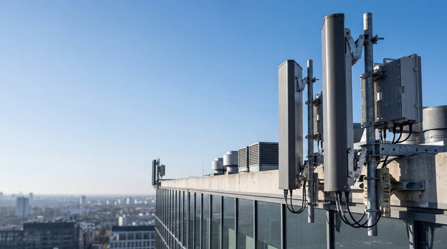 Telecommunication antenna array installed on city building roof. 5G base station for wireless mobile internet and data signal transmission. Global network infrastructure technology.