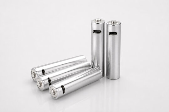 Batterie mini stilo AAA ricaricabili argento con porta USB-C integrata e cavo doppio per ricarica, tecnologia sostenibile.