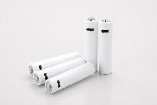 Batterie mini stilo AAA ricaricabili bianche con porta USB-C e cavo di ricarica su sfondo bianco, concetto di energia ecologica.