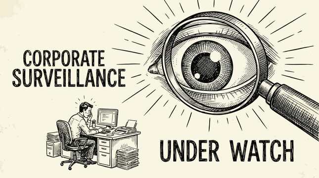 Professional office employee working at desk while being observed by a giant looming eye representing digital surveillance, corporate monitoring, and loss of privacy concept illustration sketch.