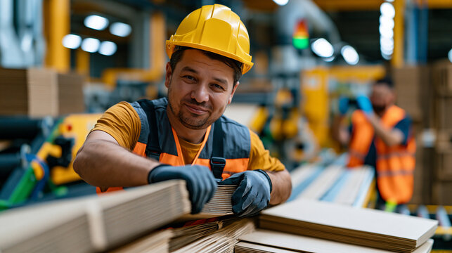 Kraft paper packaging machine operator clears a paper web jam from a folder-gluer unit while a maintenance technician photographs the fault point for documentation, stacks of finished flat-pack boxe