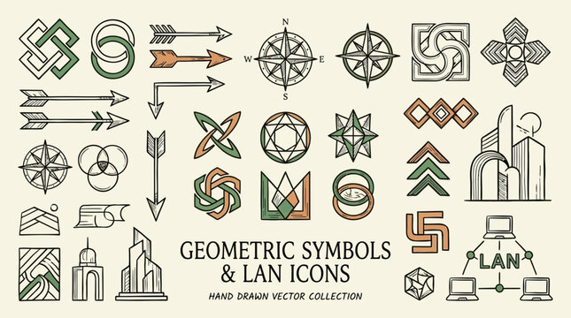 Comprehensive set of ninety-seven minimalist geometric symbols, abstract black line icons, modern graphic design elements, linear vector shapes for logo branding and creative visual art projects.