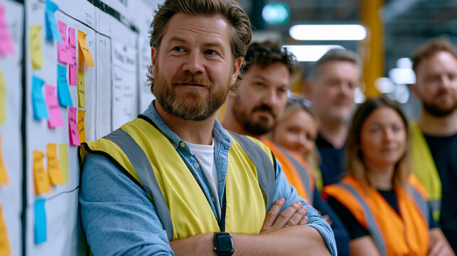 Lean manufacturing practice coordinator stands at a kaizen board mapping workflow inefficiencies with adhesive tags while a cross-functional team in hi-vis vests clusters around the board in a quiet