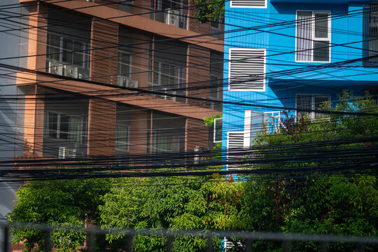 Urban buildings and overhead power lines