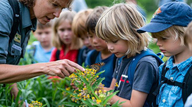 Park ecologist and schoolchildren gathered at a rewilded meadow edge in an urban biodiversity corridor, the guide pointing to a monarch butterfly resting on native milkweed while the children sketch