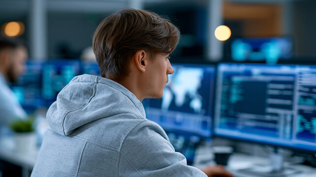 Anonymous cybersecurity operations center analyst monitoring a real-time threat intelligence dashboard with active incident alerts, SOC management concept, faceless, defocused,