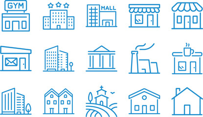 Fototapeta premium Collection of simple building icons flat line art design for urban planning and real estate concepts isolated on white background