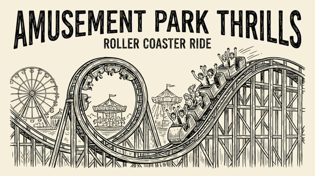 Dynamic high speed amusement park roller coaster ride with steep vertical drop and loop under clear sky, offering adrenaline filled thrills and fun at a colorful summer carnival fairground.