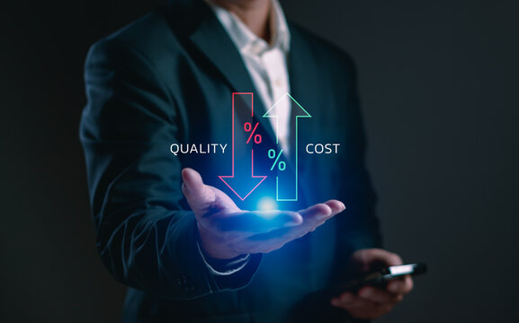Businessman evaluating balance between quality improvement and cost reduction. Concept of operational efficiency, strategic management, productivity optimization, value creation and profitability