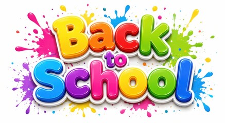 Fototapeta premium Vibrant back to school 3d text with colorful paint splatters on white background.