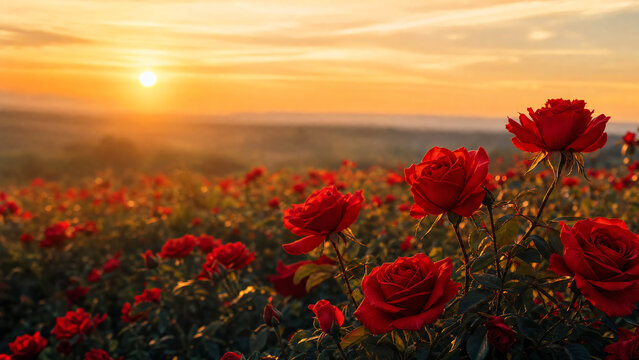 A stunning sunset over a field of vibrant red roses, their petals kissed by golden sunlight, creating a serene and beautiful atmosphere.