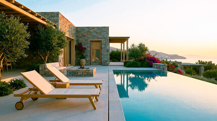 Fototapeta premium Luxury villa with infinity pool and lounge chairs overlooking the ocean at sunset