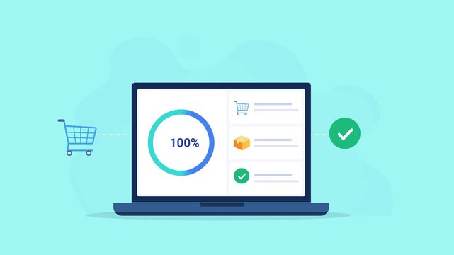 Animated flat vector illustration of a laptop displaying an ecommerce dashboard with progress indicator, shopping cart, order status, and verification icons. Modern online shopping, retail management,