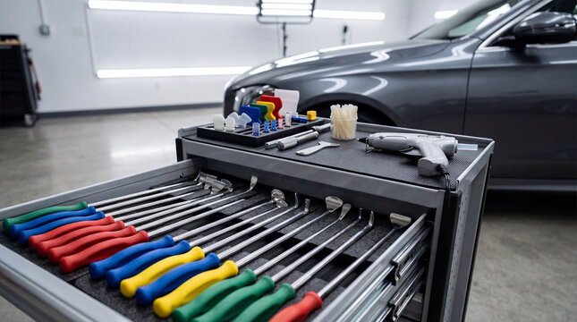 Paintless dent repair technician tool cart with metal rods and glue gun for auto body work. Professional equipment for vehicle maintenance and cosmetic car restoration in garage.