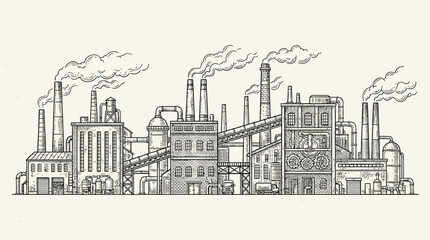 Obraz premium Panoramic Industrial Factory Complex with Smoking Chimneys in Monochrome Black and White, High Contrast Manufacturing Facility Urban Landscape Architecture View