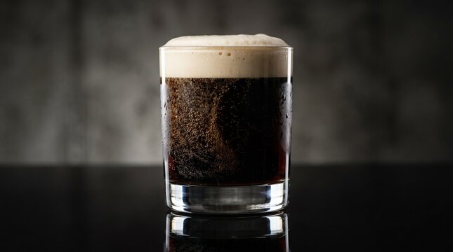 Refreshing Glass of Cold Nitro Cold Brew Coffee with Thick Creamy Foam Served on a Dark Surface