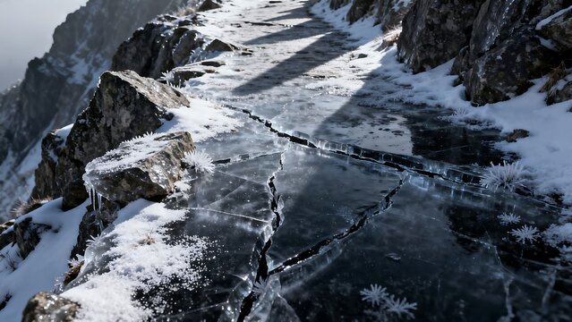 Cracked ice on a dangerous winter mountain trail with snow and rocks