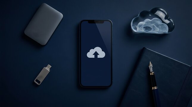 A professional top view flat lay of a smartphone showing cloud storage upload icon surrounded by external drive usb flash pen and glass cloud sculpture