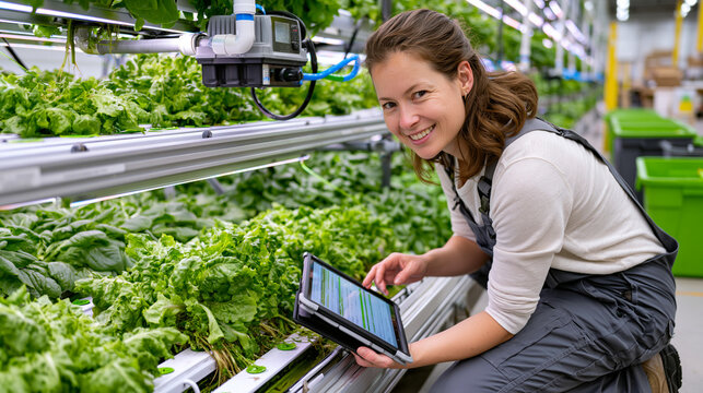 Vertical farm operations manager kneels to inspect root health on a nutrient film trough while an automated irrigation controller cycles above, growth log open on tablet and harvest bins staged at a
