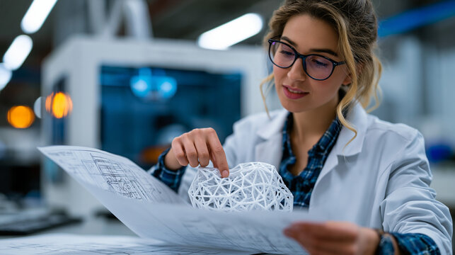 Additive manufacturing engineer examines polymer lattice prototype against engineering drawing, running fingertip along internal channels as a build chamber behind her cycles through next layer depo
