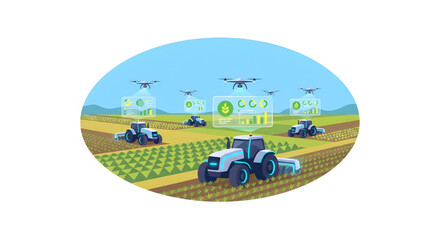 Fototapeta premium Smart farming autonomous tractors and agricultural drones, Vector illustration showing automated electric tractors cultivating fields while a fleet of drones monitors crops with holographic data chart