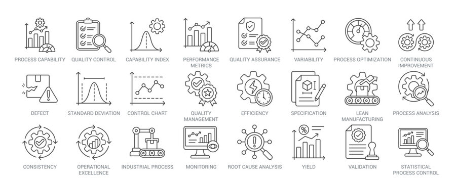 Process Capability outline vector icon set featuring quality control, capability index, quality assurance, SPC, lean manufacturing, process optimization, continuous improvement concepts.