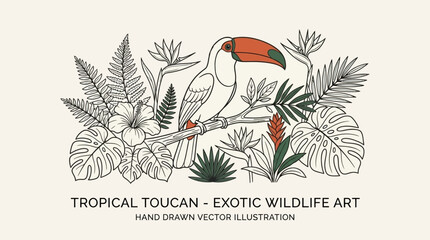 Obraz premium Vibrant Exotic Toucan Bird Perched on a Lush Botanical Branch within a Dense Tropical Jungle Forest Scenery, Detailed Nature Wildlife Art and Colorful Flora Background