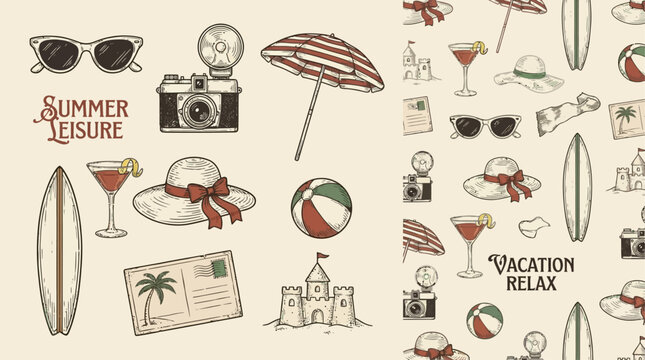 Collection of eighty-three summer leisure activities and sunny day graphic icons including vacation relax symbols for tropical beach holiday seasonal vector illustrations for design projects
