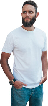 Blank white t shirt mockup on bearded man isolated on transparent background
