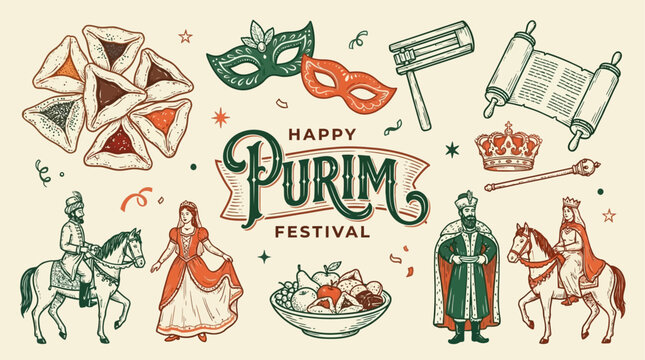 Cheerful Jewish holiday Purim celebration featuring traditional festive mask colorful hamantaschen cookie and wood gragger on bright background for greeting card design