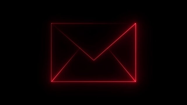 red color neon mail envelope icon animated on black background. glowing neon Mail envelope, incoming mail, Sending mail icon animation