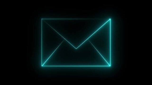 Cyan color neon mail envelope icon animated on black background. glowing neon Mail envelope, incoming mail, Sending mail icon animation