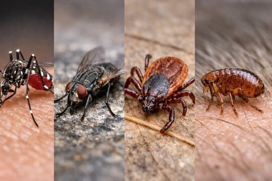Macro collage featuring a mosquito a housefly a tick and a flea on human skin