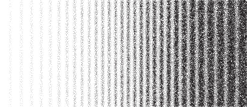 Abstract black and white vector background with vertical stipple halftone lines. Modern geometric pattern with grainy noise gradient transition and optical illusion texture.