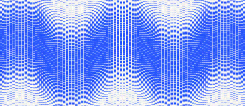 Abstract blue vector background with wavy geometric grid. Modern linear pattern featuring parallel stripes and optical illusion halftone gradient transition texture.