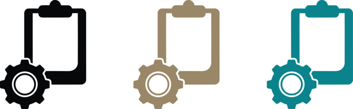 Clipboard and gear icons for business project management tasks showing document process symbols isolated on a white background