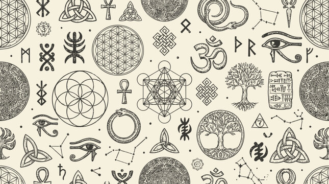 Collection of sixty-four intricate ancient mystical spiritual symbols, esoteric sacred geometry patterns, ethnic magic glyphs, and divine cosmic mandalas for occult or alchemy illustration.