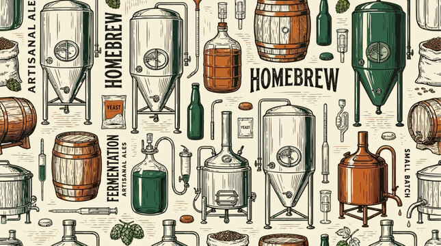 Artistic Seamless Pattern of Craft Brewing Fermentation Equipment Homebrew Beer Making Supplies including Barrels Bottles and Grains for Artisan Microbrewery Illustration