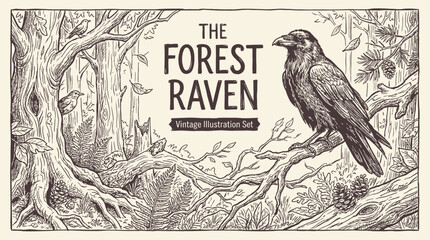 Obraz premium Majestic black raven perched on a mossy branch in a misty ancient forest, dark mystical atmosphere with atmospheric fog and deep green foliage, wild crow corvid in natural woodland habitat.