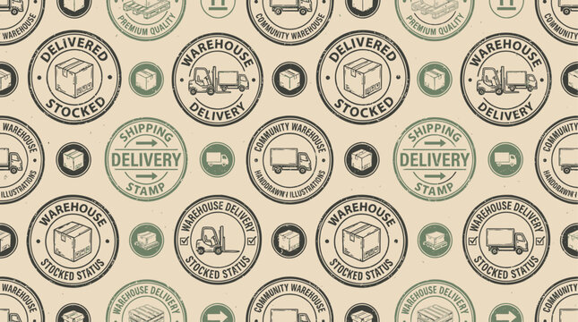 Seamless pattern featuring red delivered and stocked rubber stamp imprints on white background, representing logistics, warehouse operations, supply chain management, and package distribution.