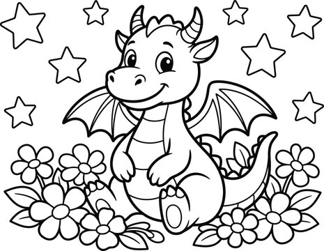 Cute dragon kid colouring book page with flowers and stars