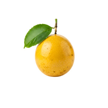 Single yellow passion fruit with green leaf and stem, isolated on transparent background