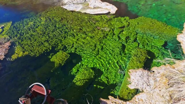 Crystal clear emerald thermal pool at Hot Springs State Park in Thermopolis Wyoming showcasing naturally heated mineral water