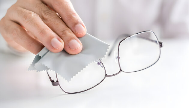 Close up of a human hand wiping a pair of metal frame eyeglasses using a grey microfiber cloth, focusing on lens maintenance and optical clarity on a bright surface.