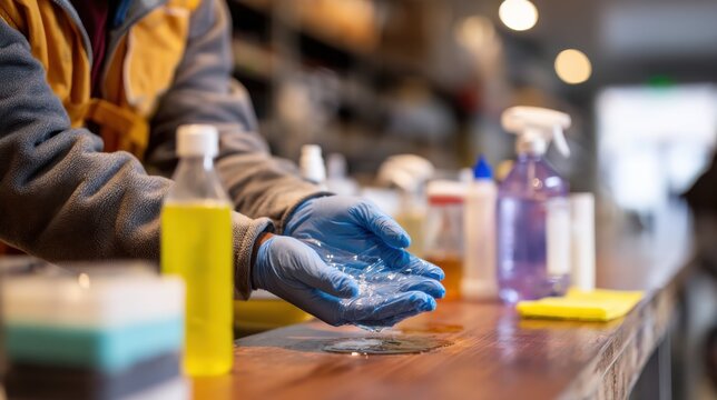 Focused medium shot of a sanitation workers hands sanitizing tools at the end of the day with the background cleaning station items blurred.